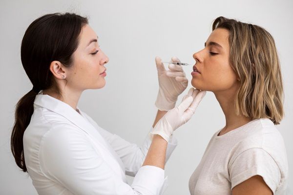 Bella donna del colpo medio che riceve il riempitore del labbro cliniche filler labbra Roma