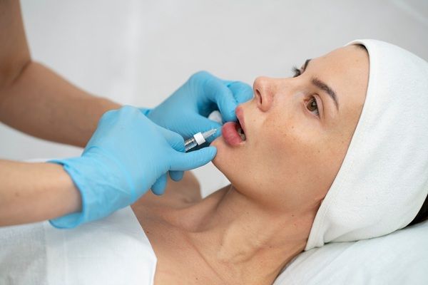 Bianalisi lazio Primo piano della donna durante la procedura di riempimento delle labbra 2