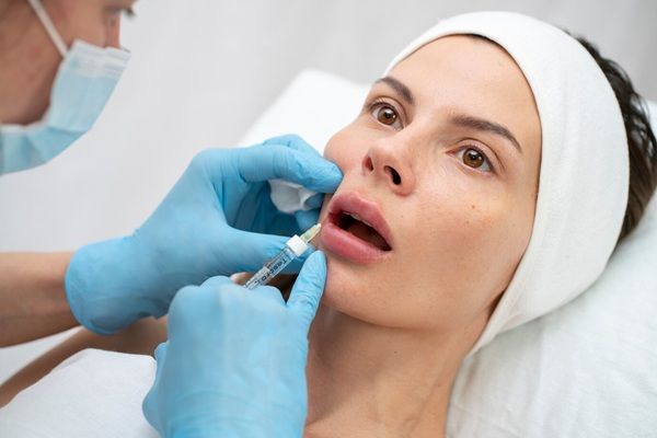 Laboratorio medico di bellezza Primo piano della donna durante la procedura di riempimento delle labbra